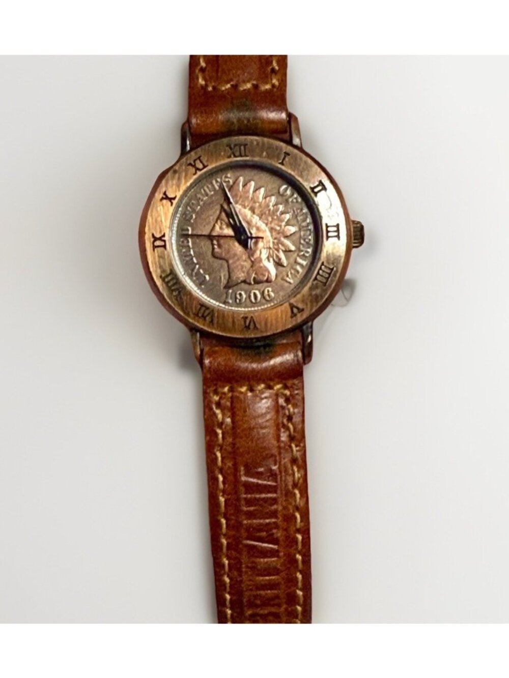 Vintage BRITTANIA 1906 Indian Head Penny Unisex Watch Brown Leather Band 3297-22